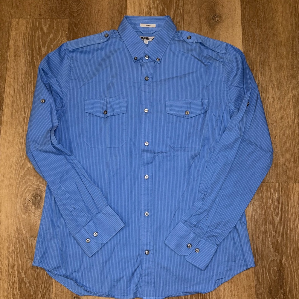 Express Mens XL Fitted Blue Dress Shirt Long Sleeve Stretch Button Front